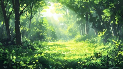 Sunbeams Illuminating a Lush Forest