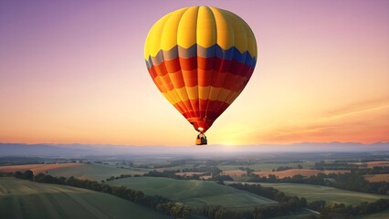 Fototapeta premium Vibrant Hot Air Balloon in Flight Against a Sunset Sky. Perfect for Travel and Adventure Concepts.