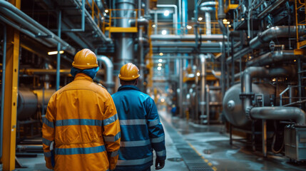 Fototapeta premium Two engineers in safety gear walking through a large industrial facility with pipes and machinery.