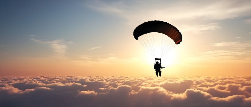 Silhouette of a Parachutist in Clouds at Sunset Sky. Perfect for Extreme Sports and Adventure Enthusiasts.