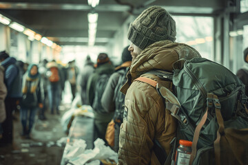 Homeless man in shelter, affected by social and economic disaster, receiving assistance from giving hands.