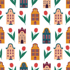 Amsterdam. Seamless pattern with old historic buildings of Netherlands. houses with tulip flowers.