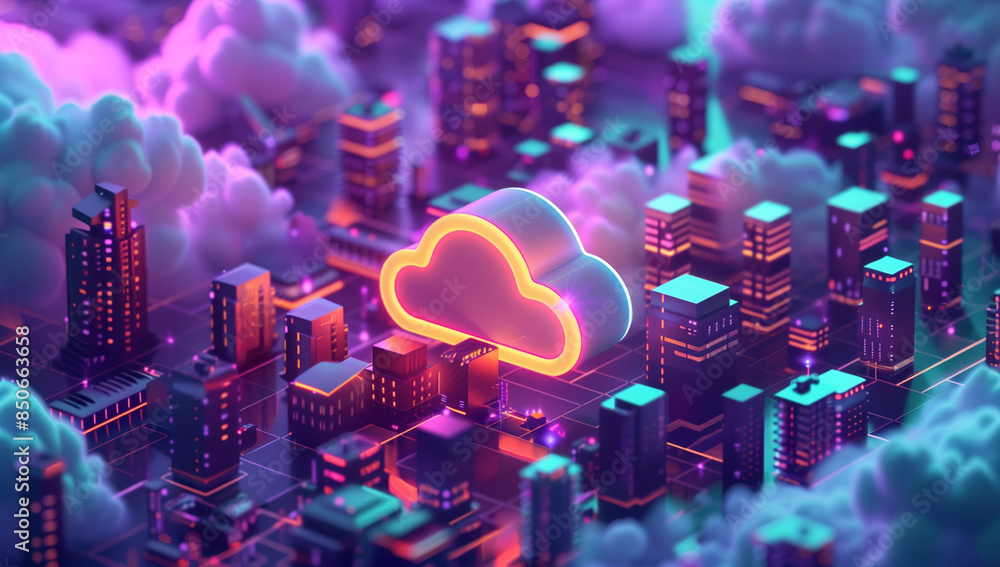 Poster 3d isometric, digital cloud icon floating above an illuminated cityscape with buildings and clouds, 