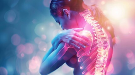 Woman having back or shoulder pain, x-ray anatomy vision concept.