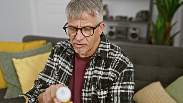 Middle-aged man in glasses examining medication in a cozy living room setting - Powered by Adobe