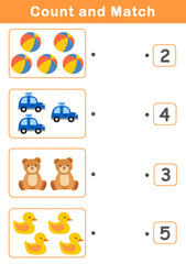 Counting educational children game. Math kids activity sheet. How many counting game with cute toys illustration.	