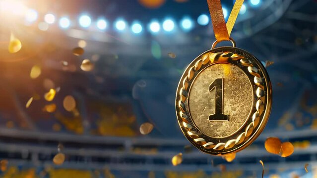 gold medal with number one for 1st place  laurel wreath on festive  background sport stadium with confetti, design trophy, Golden symbol of winner, celebration, sport competition, champion games