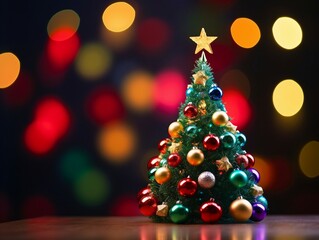 Vibrant Christmas Tree With Red And Gold Decorations And A Star Topper, With Red Bokeh Lights. Generative AI