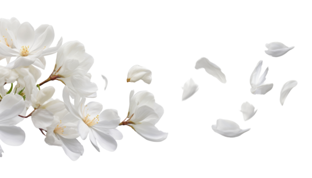 flying white flowers isolated on transparent background cutout