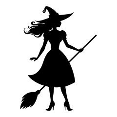 silhouettes witches with broomstick. Mythical characters for Halloween. Magic female in witch hat. Terrifying sticker. Vector illustration outline of scary personage