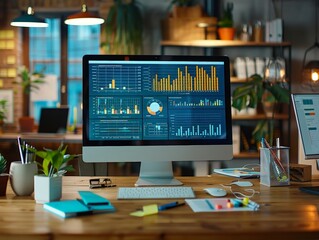 Modern Collaborative Workspace with Detailed KPI Metrics Displayed on Computer Screen, Emphasizing Technology Integration for Business Performance Tracking