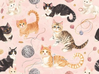 Obraz premium Seamless pattern of cute playful kittens and yarn balls on pastel pink background, ideal for fabric or wallpaper design.