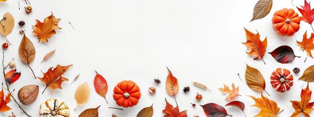Decoration concept made from autumn leaves and pumpkins, white background, flat lay