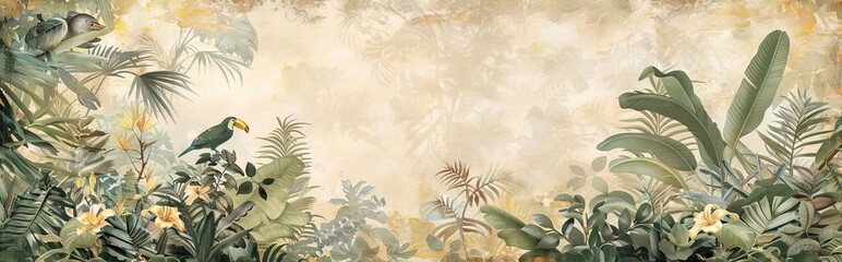 Modern wallpaper. Watercolor jungle illustration. Crane bird elements, watercolor painting wallpaper. Mural wallpaper. AI generated illustration