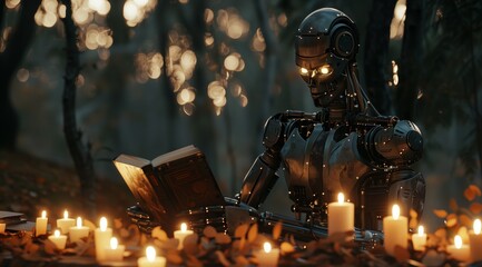 robot reads books with burning candles .Generative AI