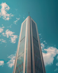 Majestic Skyscraper Reaching Towards Blue Sky with Fluffy Clouds, Modern Architecture in Urban Cityscape, Tall Building, Soaring Heights, Glass Exterior, Contemporary Design, Urban Landmark
