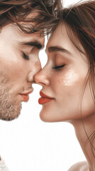 A man and woman are kissing each other touching noses