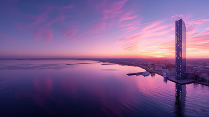 Scenic Sunrise Over Modern Coastal Cityscape with High Rise Building, Reflective Water, and Vibrant Sky, Ideal for Urban Planning, Architecture, and Travel Themes in Photographer Collections