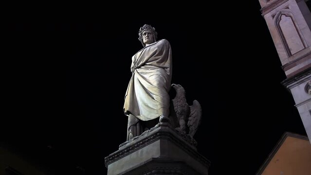 Statue of Dante Alighieri in Piazza Santa Croce, Florence, Tuscany, Italy. 4K Resolution.
