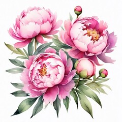 Floral watercolor painting with pink peonies and green leaves. Generated by AI