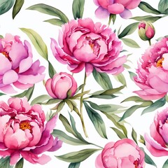 Floral watercolor painting with pink peonies and green leaves. Generated by AI