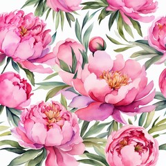 Floral watercolor painting with pink peonies and green leaves. Generated by AI