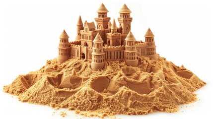 Intricately Designed Sandcastle with Towers on a Pile of Sand Isolated on White Background