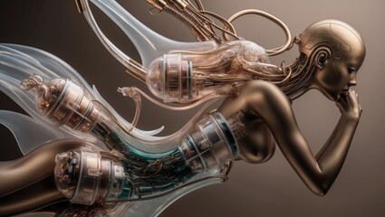 A digital illustration of a woman with a golden body and transparent mechanical parts
