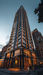 Stunning Modern High Rise Building at Dusk with Warm Interior Lighting and Majestic Architectural Design in an Urban Setting