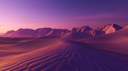 Fototapeta premium /imagine A panoramic view of a vast desert landscape at sunrise, with towering sand dunes casting long shadows across the rippled sand. The sky transitions from deep purple to soft pink,