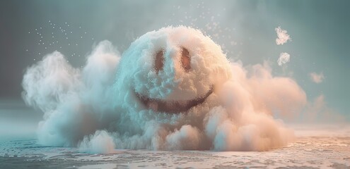 A collection of smoke forming an emoji on the floor with a green background and a beam of light from above


