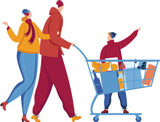 Family shopping winter season cartoon characters. Woman gesturing talking man shopping cart child pointing. Grocery store trip parents kid winter clothes