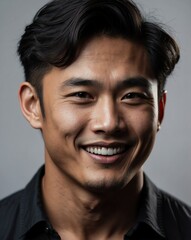 Obraz premium black background studio portrait of smiling handsome asian guy model with clear smooth skin and white teeth