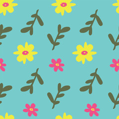 Pretty floral seamless repeat pattern with hand drawn pretty yellow, pink daisy flowers and green leaves. Vector illustration. No AI generated content in this pattern.