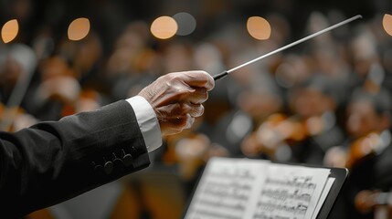 Professional Conductor Leading Symphony Orchestra with Baton on White Background
