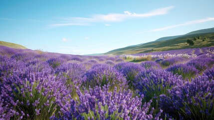 /imagine A picturesque valley filled with lavender fields in full bloom, the vibrant purple flowers stretching to the horizon under a cloudless, blue sky.