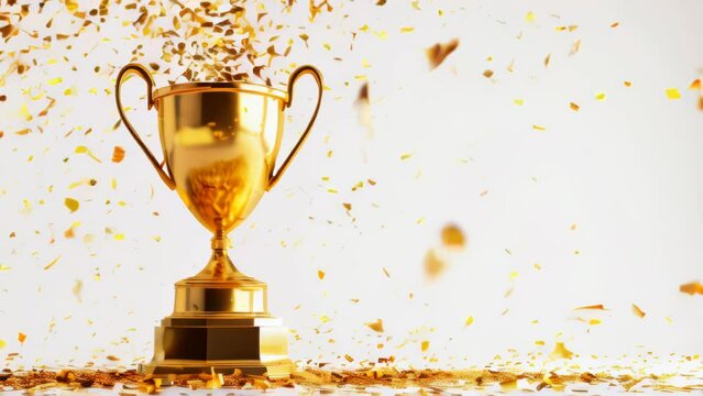 gold winners sports cup  on festive white background with confetti, design trophy, Golden symbol of winner, celebration, sport competition, champion games