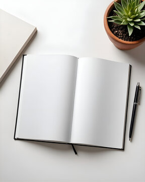 Mockup plantilla libro abierto en blanco junto a un bol&iacute;grafo y una maceta con una planta 