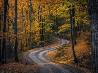 Fototapeta premium Serene Autumn Forest Exploration: Aerial View of Winding Road in Golden Ratio Composition
