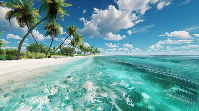 /imagine A serene coastal scene with crystal-clear turquoise waters gently lapping against a white sandy beach, lined with swaying palm trees under a bright, sunny sky.