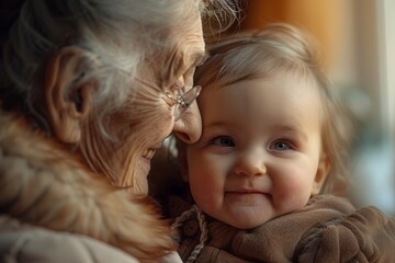 Generational Joy: Heartwarming Close-Up of Grandmother and Grandchild Smiling Together in a Realistic Documentary Style