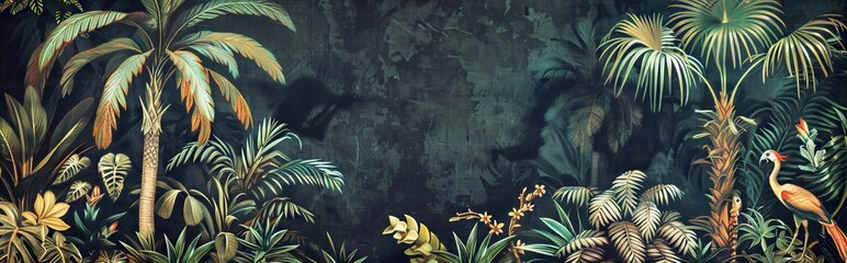 Illustration of tropical wallpaper print design with palm banana leaves and exotic birds on canvas texture. Tropical plants and birds on textured background. AI generated illustration