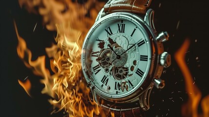 Close-up of a luxury wristwatch with Roman numerals amidst raging flames, symbolizing the concept of time under pressure.