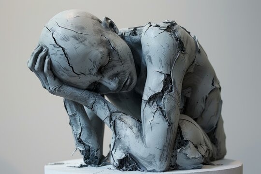 Contemporary art piece depicting a textured, distressed human figure in a pose of deep sorrow