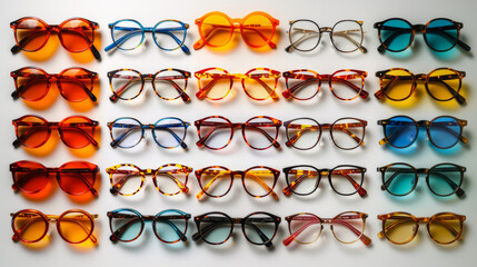 Colorful Variety of Stylish Eyeglasses Arranged in Rows on White Background
