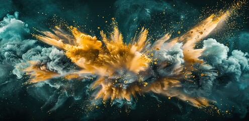 Fototapeta premium Yellow and gray powder thrown in the air on an abstract black background