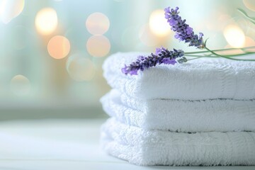 Stack of white towels with lavender flowers in soft natural light