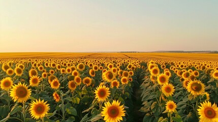 /imagine A sweeping view of a vast sunflower field in full bloom, with golden petals stretching towards the horizon under a clear, azure sky. The uniformity and brightness of the flowe