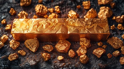 Shiny Gold Ingot on Nuggets - Luxurious Top View of Precious Metal