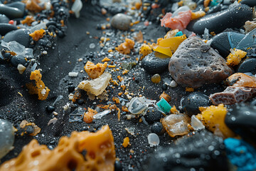 Close-up view of microplastic debris mixed with natural sediment, showcasing ecological disruption
